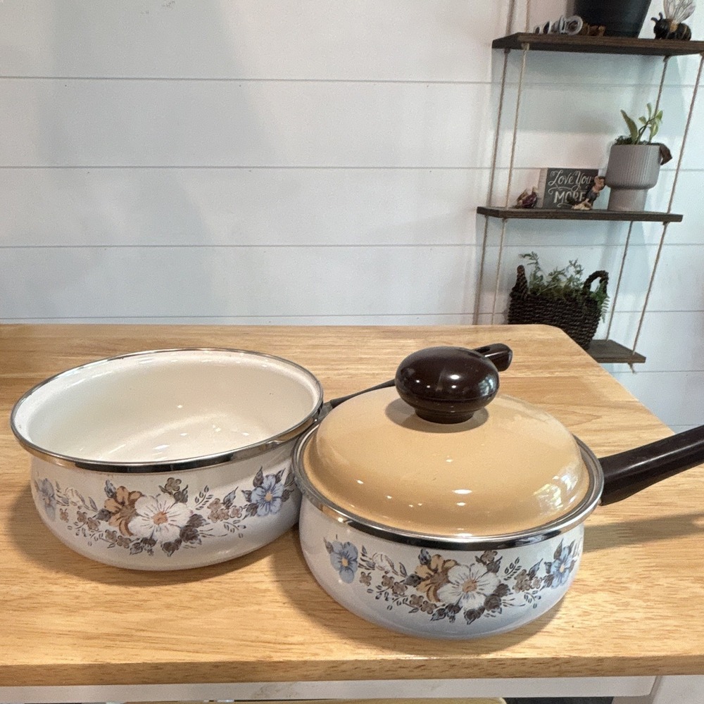 Vintage Crowning Spring Harvest Blossom Porcelain Enamel Saucepan Set w/ Lid